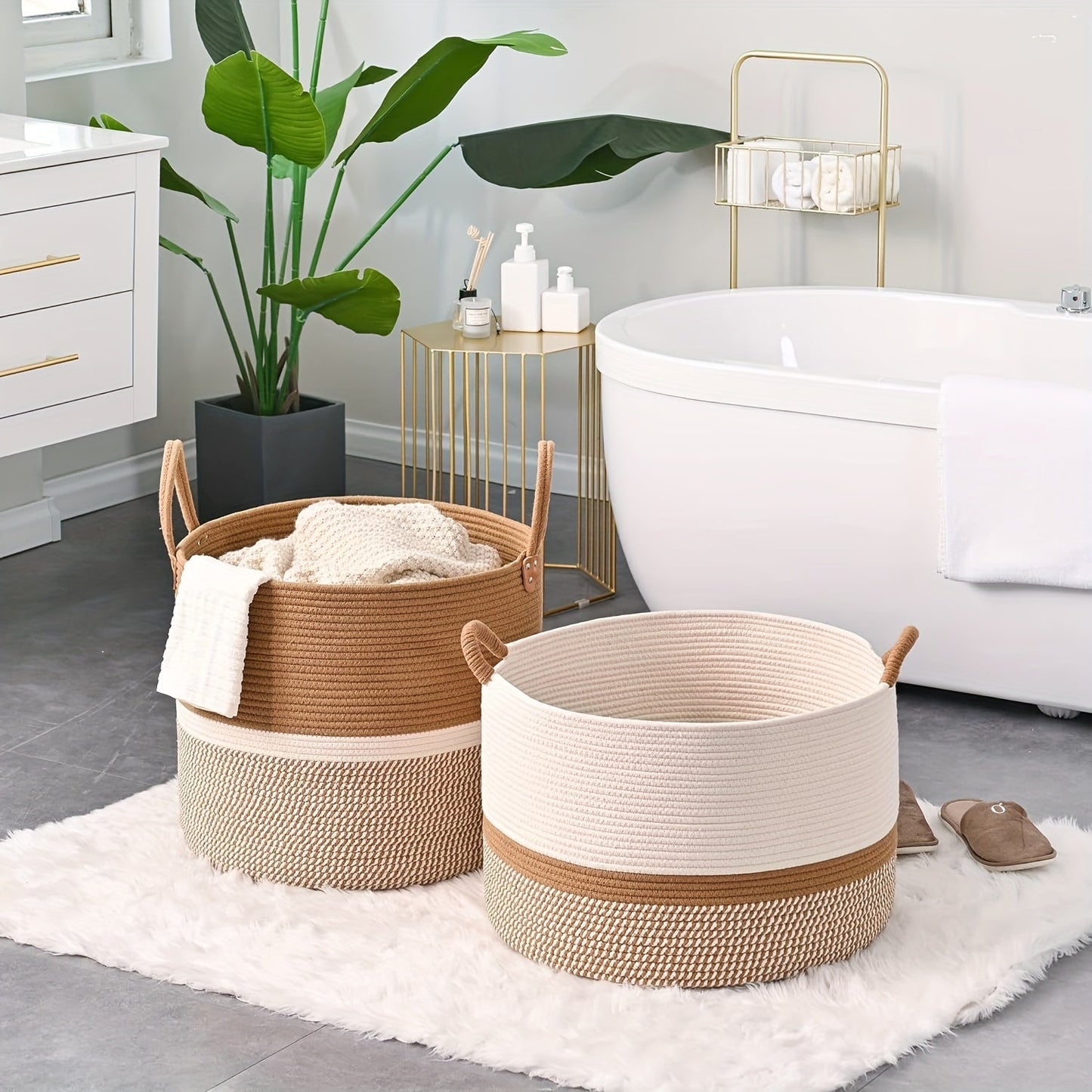 Round Bohemian Style Woven Laundry Basket featuring Handles - Perfect for Bathroom or Living Room Storage - Ideal for Clothes, Towels, Pillows, Toys, and More