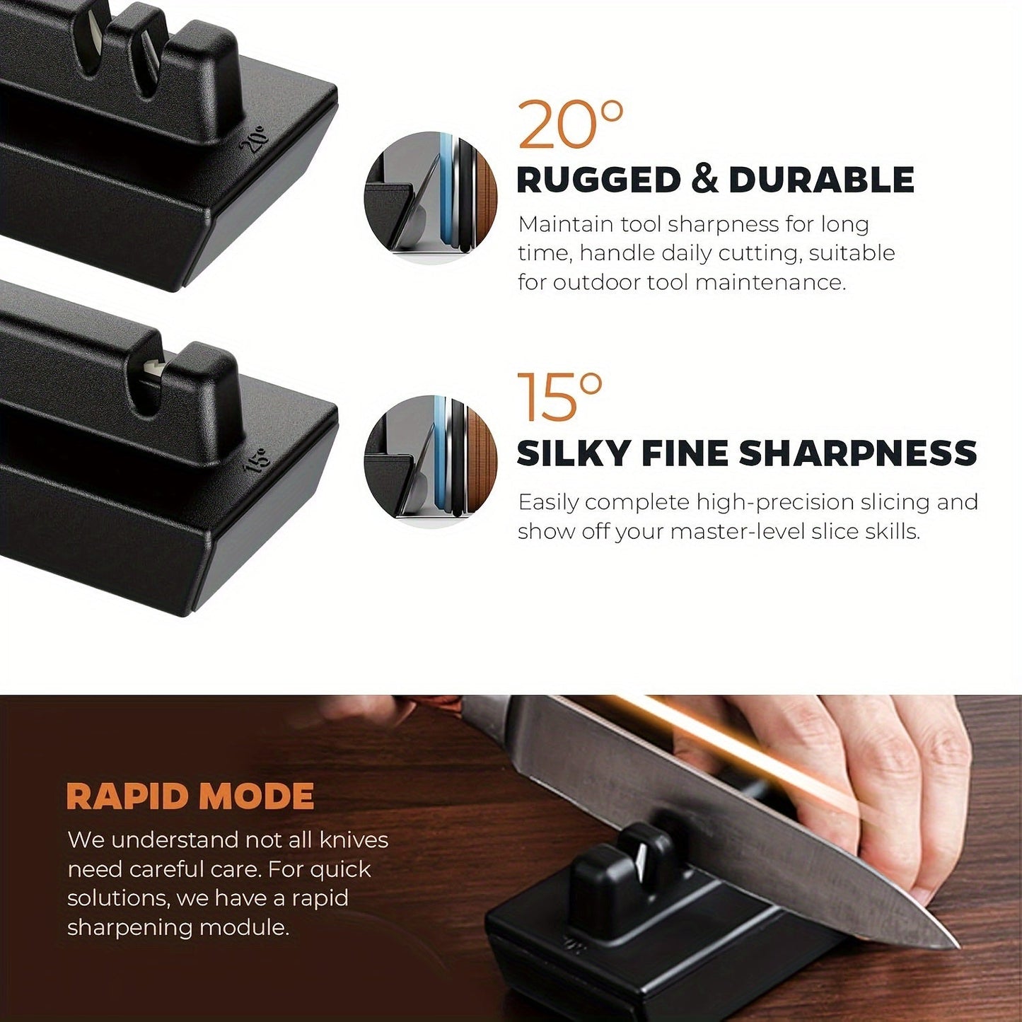 This knife sharpener set features diamond and corundum grinding discs, a magnetic angle base with 15° and 20° angles, and is suitable for all steel hardness. It can be used on kitchen knives, chef knives, scissors, and wooden materials without the need