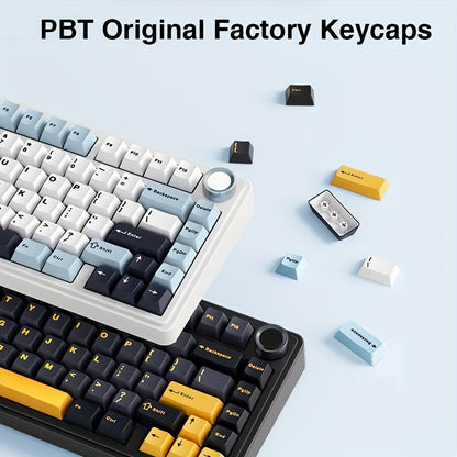 AULA F75 customizable mechanical keyboard with 75% layout, USB charging, wireless 2.4G, rechargeable lithium polymer battery, RGB backlight, hot-swappable key switches, and gasket structure.