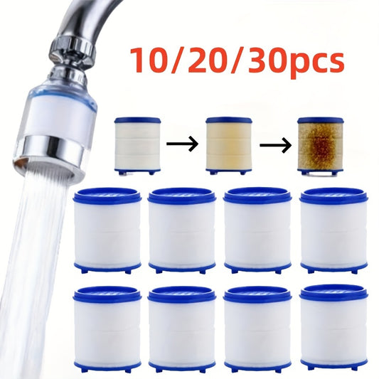 Replaceable water filter elements available in packs of 10, 20, or 30 for kitchen and bathroom. No power required, blue and white design, easy installation on sink faucets to purify water.