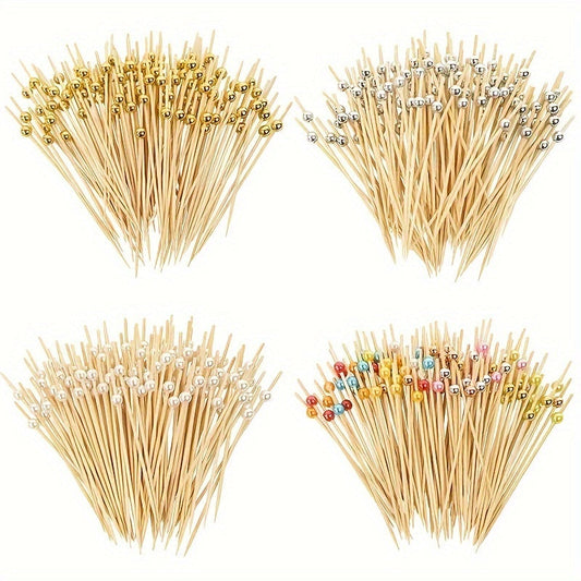 Set of 100 Bamboo Cocktail Picks adorned with Pearls - Elegant Toothpicks for Appetizers, Fruit Skewers, Cake Toppers, and Cupcakes - Perfect for Weddings, Parties, and Events