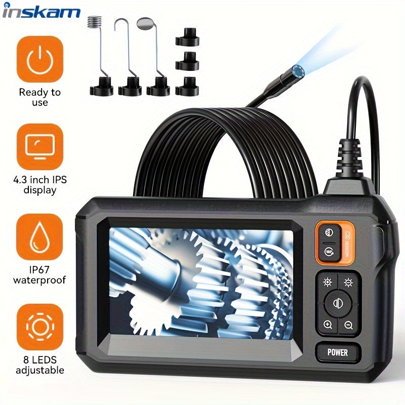 INSKAM Industrial Endoscope: 8mm digital borescope with 4.3" IPS display, 8 LED lights, and semi-rigid cable for auto repair, plumbing, and home inspection.