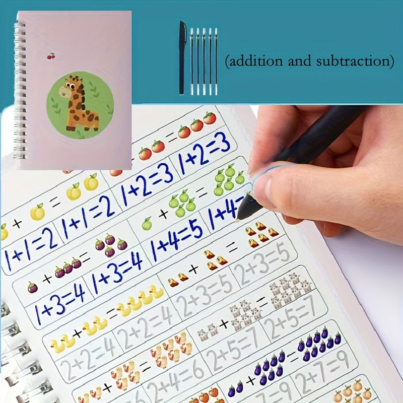 Educational copybook with reusable write-over pages for kids, featuring colorful illustrations and pen holder with varying colors.