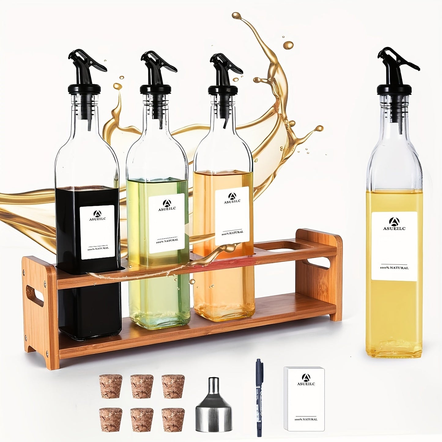 Set of four 500ml Olive Oil and Vinegar Dispensers with a Natural Bamboo Stand, High Clarity Glass Cruets, Durable Borosilicate Glass Containers. Hand wash only. Organize your kitchen storage with the rectangular PVC-Free Bamboo Rack included.