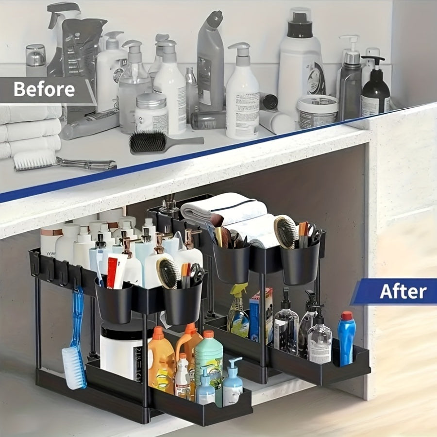 Plastic kitchen organizer rack with tiered shelf and pull-out storage for easy cleaning. Great for kitchen or bathroom.