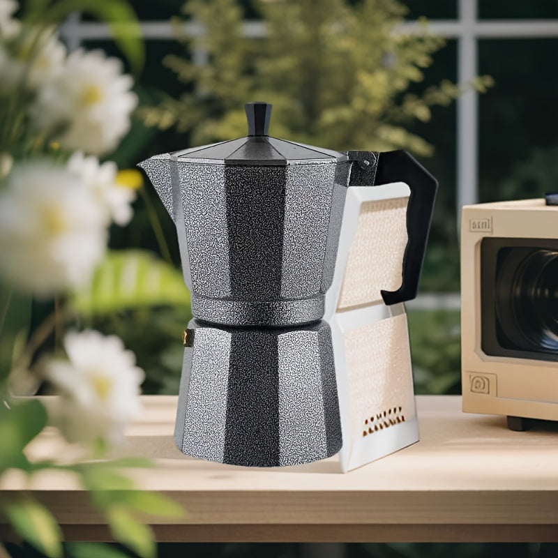 An array of Middle Eastern mocha coffee pots with a black background design, along with Italian-style aluminum pots, coffee cups, and a complete coffee set.