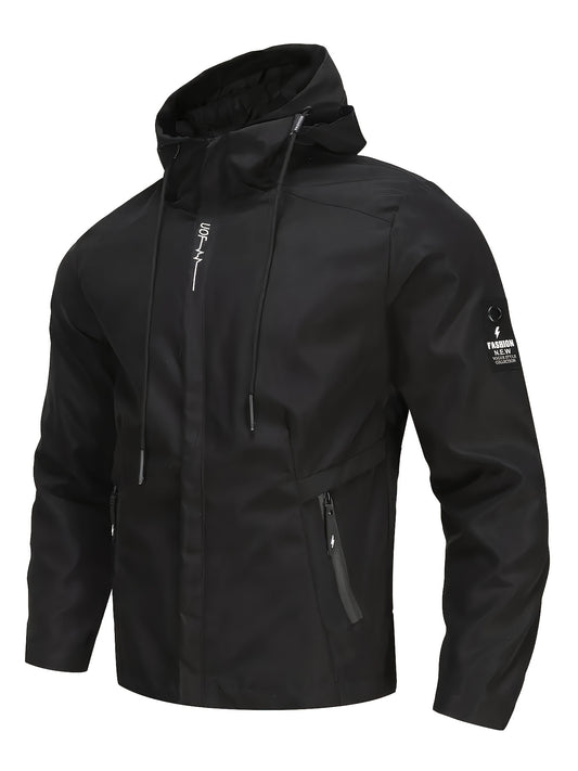 Windproof hooded jacket for men with embroidery detail, suitable for spring and autumn seasons.