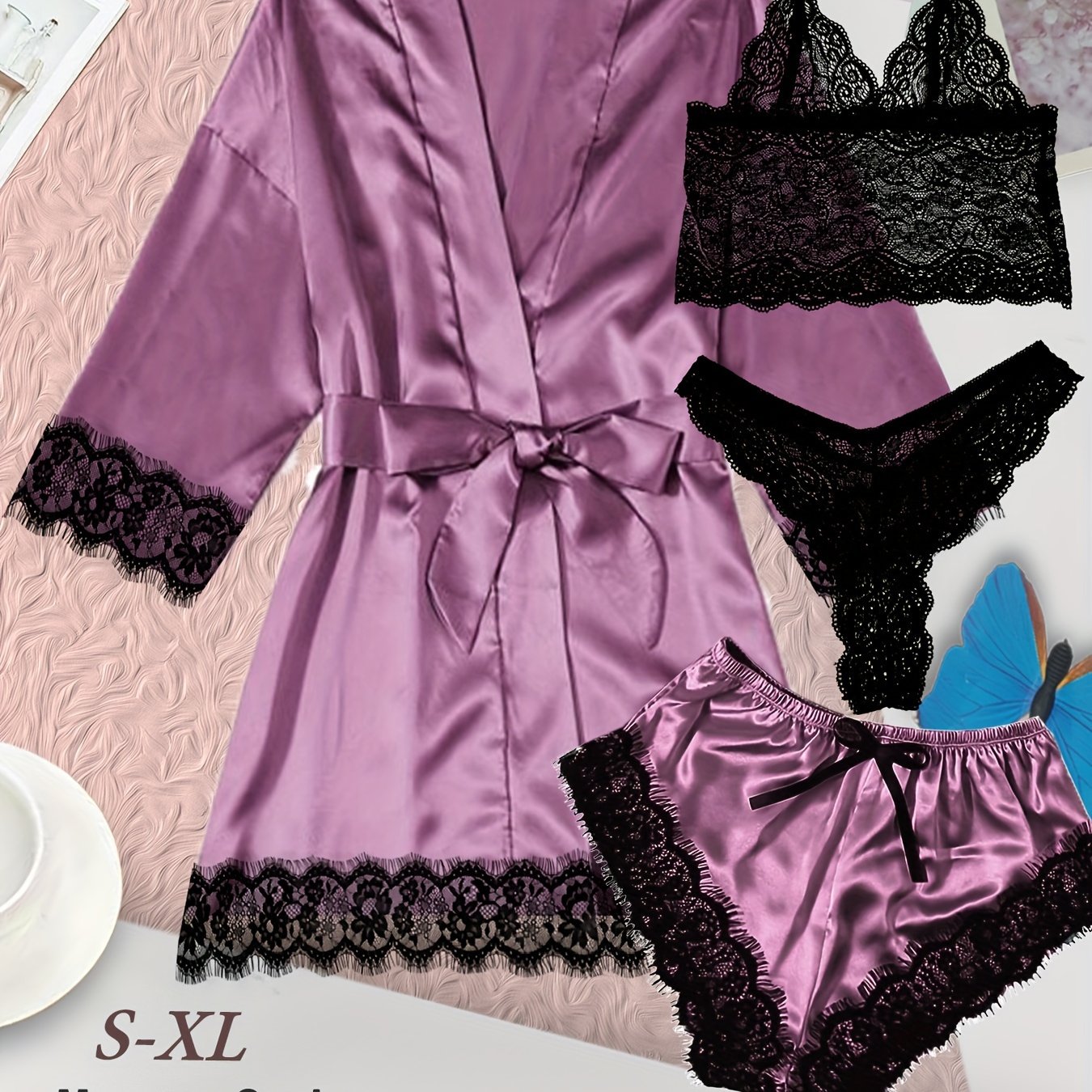 Women's loungewear set with lace detailing, robe, V neck cami, panties, and shorts.