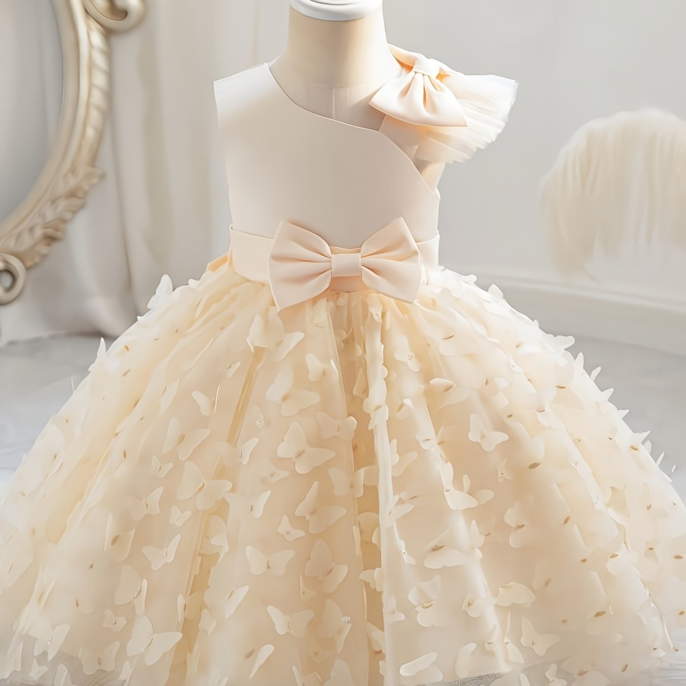 Toddler girls princess dress with butterfly design, bow belt, and flutter mesh sleeves, perfect for parties and birthdays.