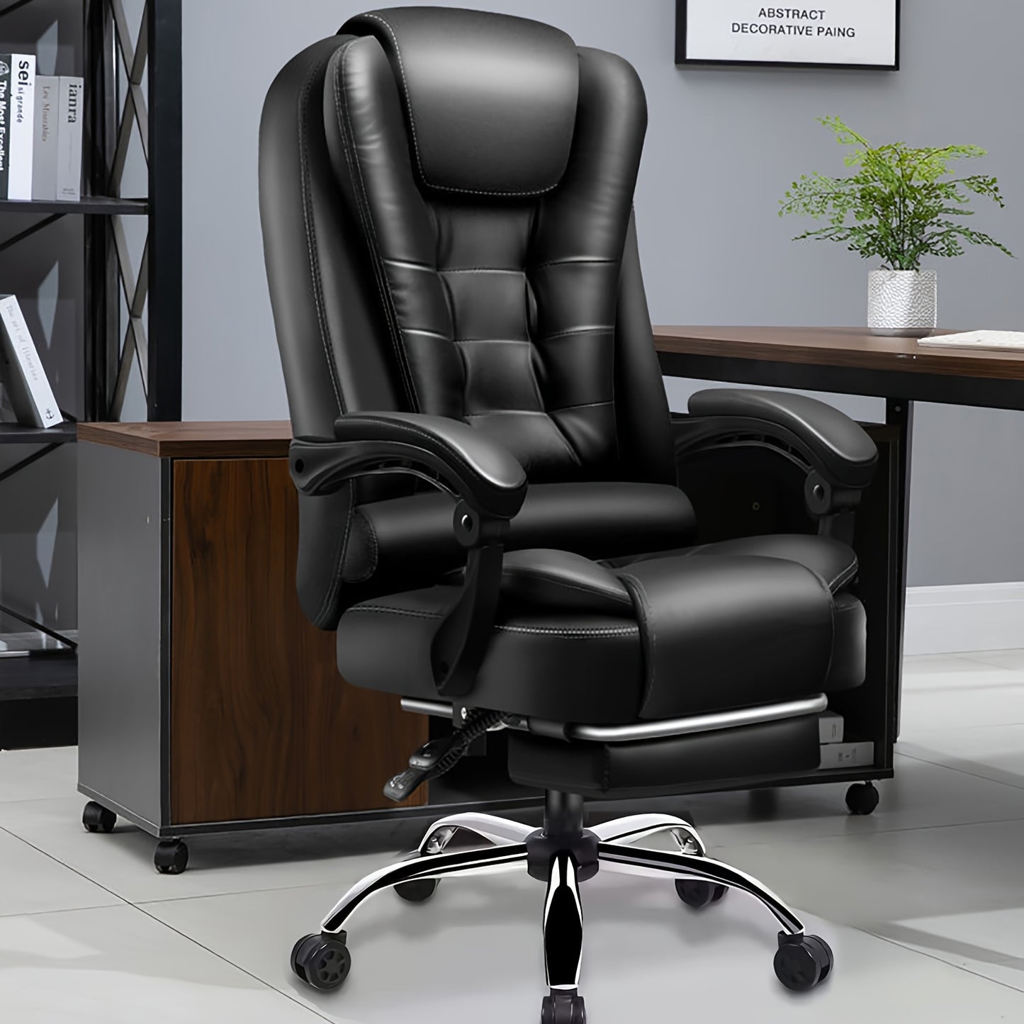 Adjustable executive office chair with ergonomic design for extended sitting comfort. Features include cushioned armrests, metal frame, wooden base, 155° recline, and high strength nylon