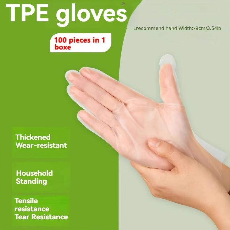 Disposable TPE gloves in packs of 100, 300, and 600, suitable for catering. Transparent and protective, made of food-grade material.