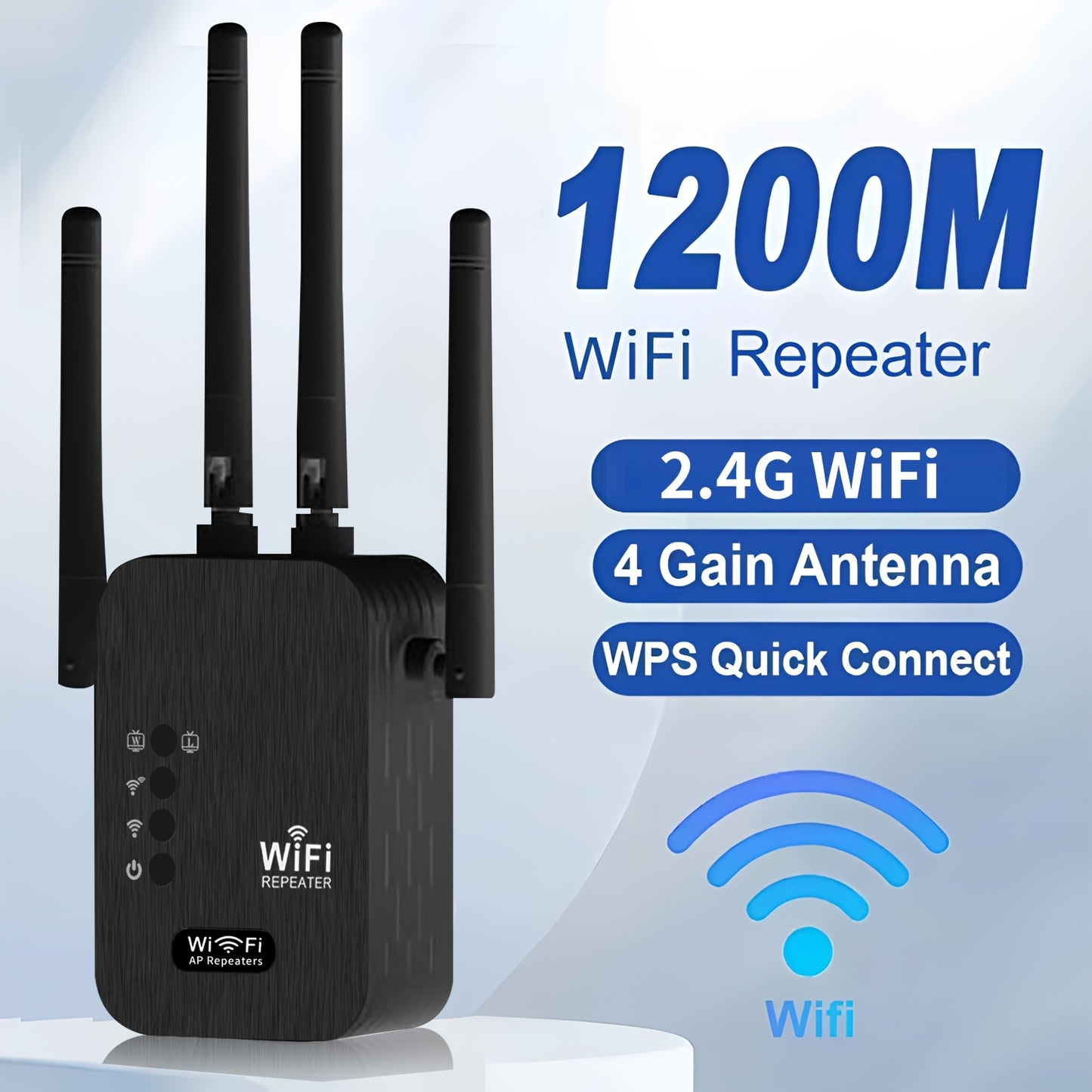 2024 WiFi Booster: 6x stronger, 1200Mbps, dual bands, up to 8500 sq ft, strong signal, 35 device support, easy setup, full coverage with 4 antennas, includes Ethernet port.