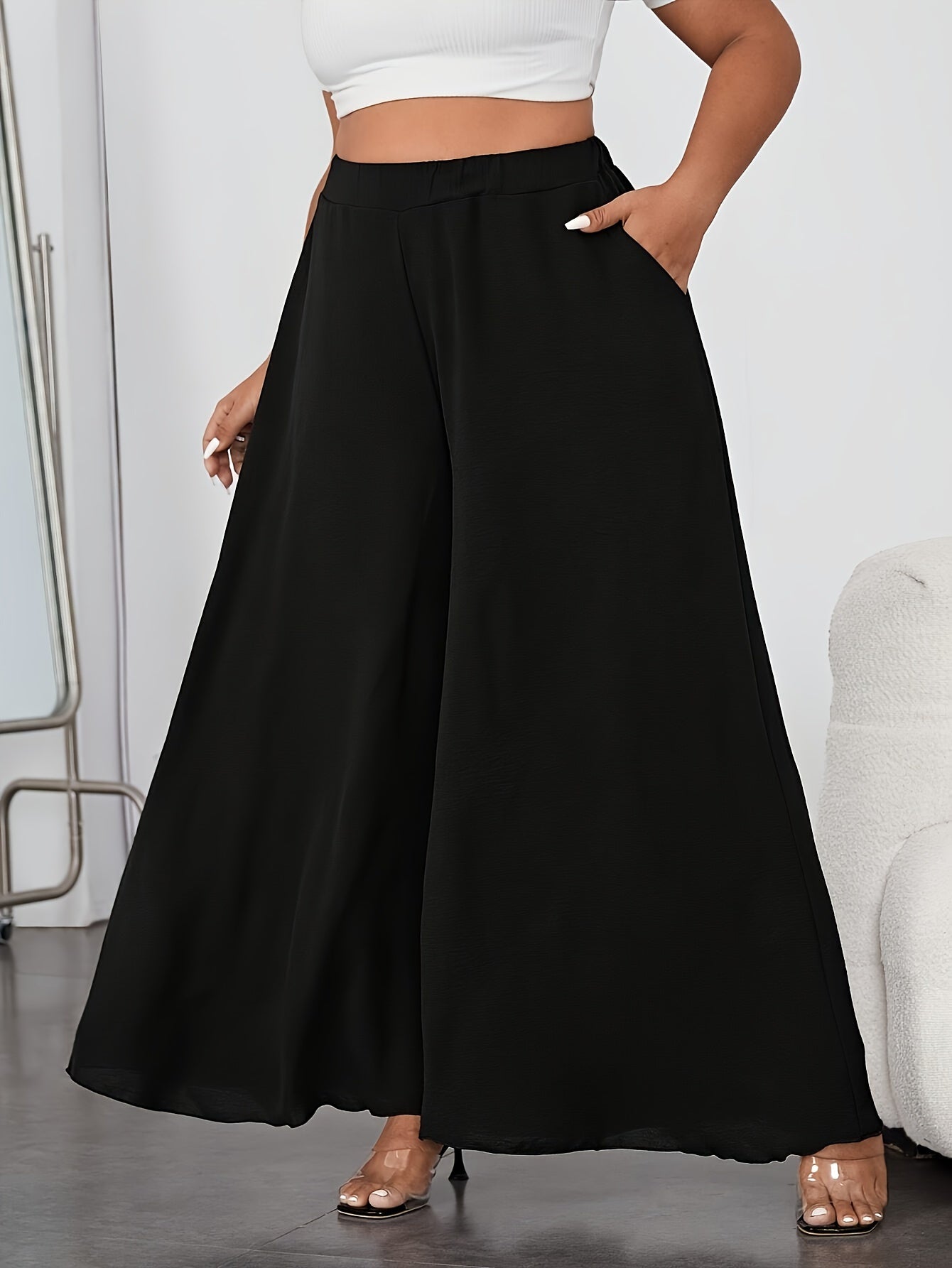 Elegant Elastic Waist Wide Leg Pants with Solid Pocket for Spring & Summer, Women's Plus Size Clothing.