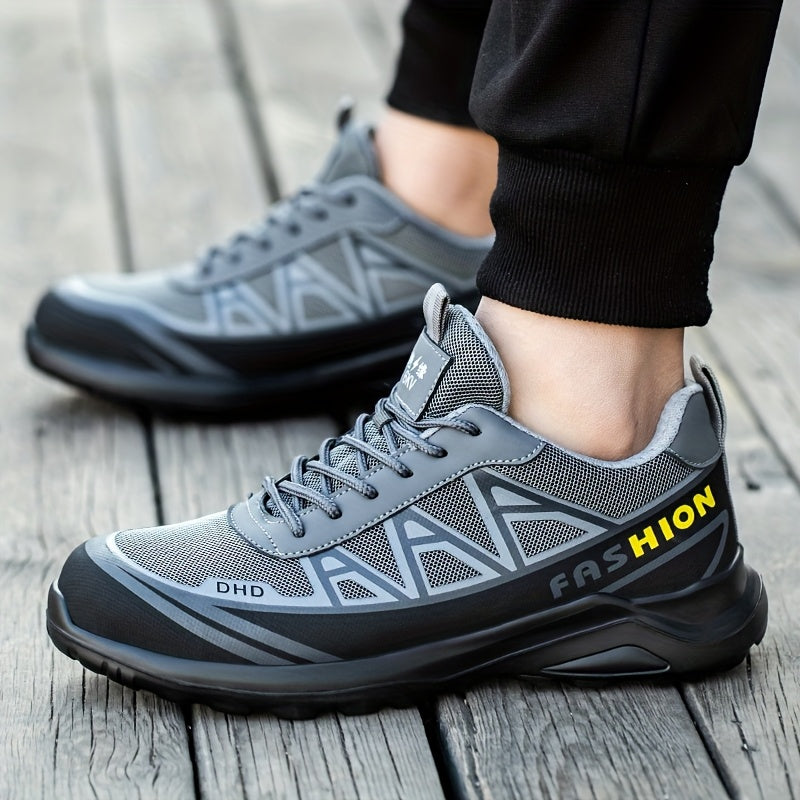 Breathable and non-slip steel toe work shoes for men, puncture proof.