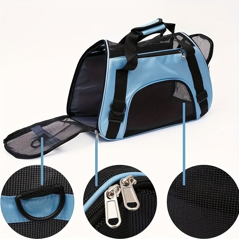 Pet travel carrier for cats and dogs - lightweight, foldable, safe, comfortable, and ventilated.