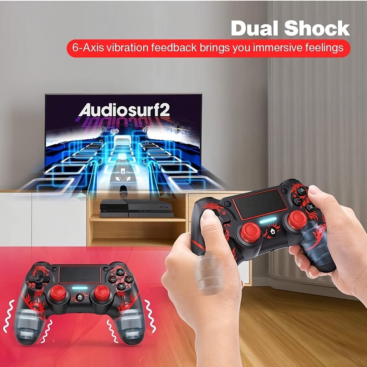 Wireless PS4 Controller with Dual Vibration, 6-Axis Controls, 3.5mm Audio Jack, Multi-Touch Pad, Red & Black Design. Compatible with PS4/Slim/Pro/PC/ios/Android/Tablet/Steam. Perfect for