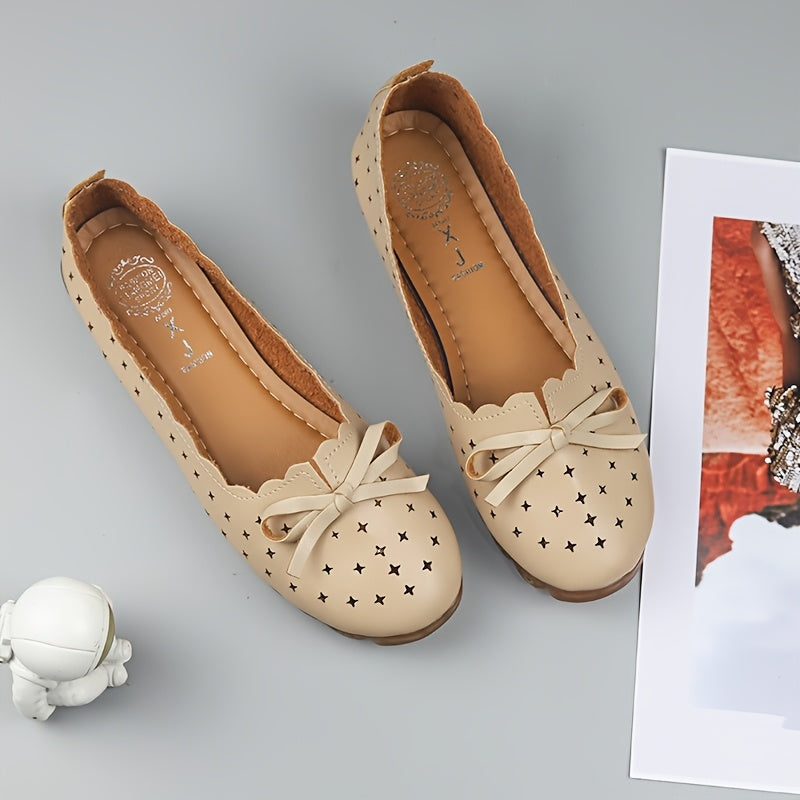 Stylish Womens Bowknot Flat Shoes with Breathable Hollow Out Design for Comfortable All-Day Wear.