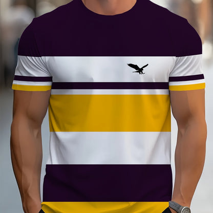 Men's Fashion Striped Polyester T-Shirt with Crew Neck and Short Sleeves, 3D Digital Print, Weekend Casual Wear, Breathable and Stylish.