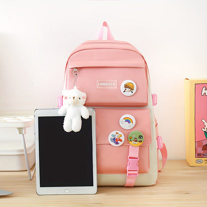 5-piece school bag set includes canvas backpack with plush bear, badge, coin purse, pencil case, handbag storage pouch, and crossbody bag for college. Cute style with stitching detail and