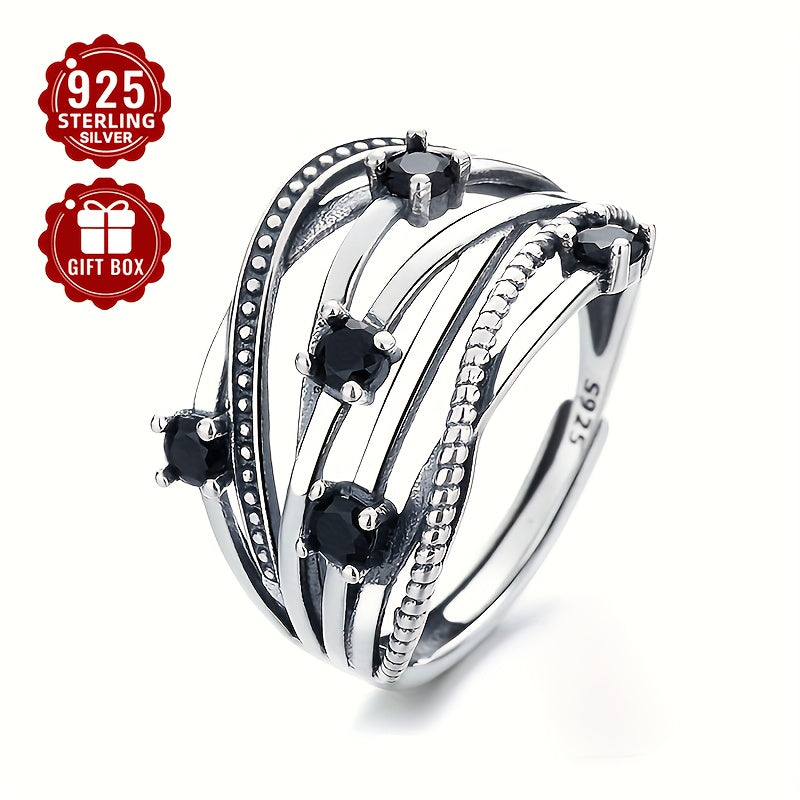 925 Sterling Silver Adjustable Open Band Multi-Layer Ring with Black Synthetic Zirconia - Hypoallergenic and Stylish. Perfect for Any Occasion and Season - Available in A/B Style (3.4g/2.98g)