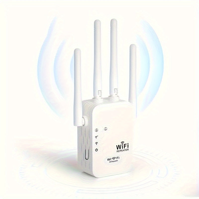 Momotor 1200Mbps WiFi signal booster with 4 antennas provides full coverage, eliminates dead spots, and extends WiFi range for home and office use. Includes Ethernet port for added