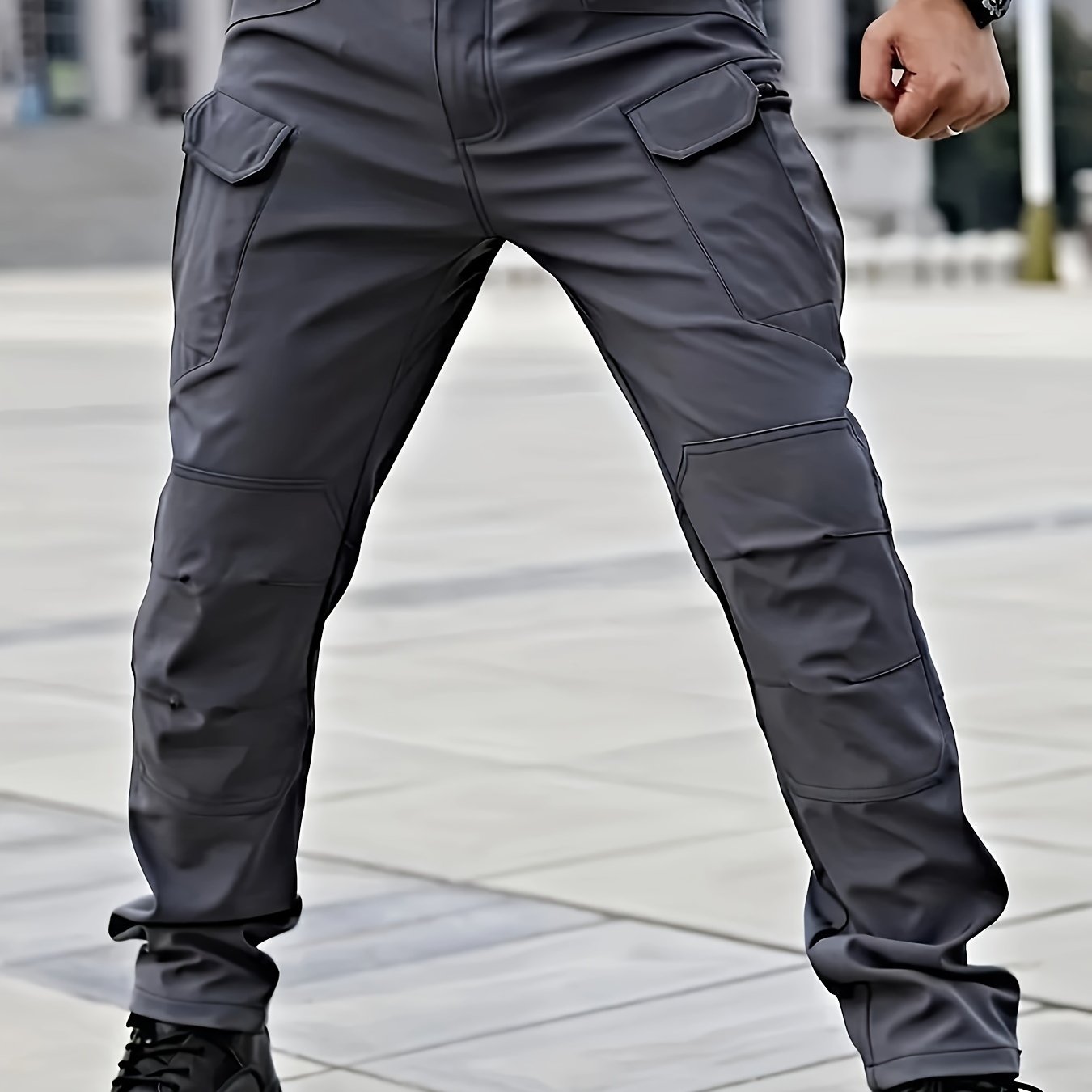 Durable polyester/spandex blend cargo pants for men with multiple pockets, machine washable, casual style