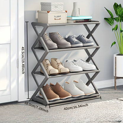 The Black Steel Tube Style X-Shaped Shoe Rack is a convenient and space-saving storage solution for shoes. With a 4-tier design and metal frame, it is easy to assemble and features a dustproof, multi-layer design. Ideal for entryways, bedrooms, and