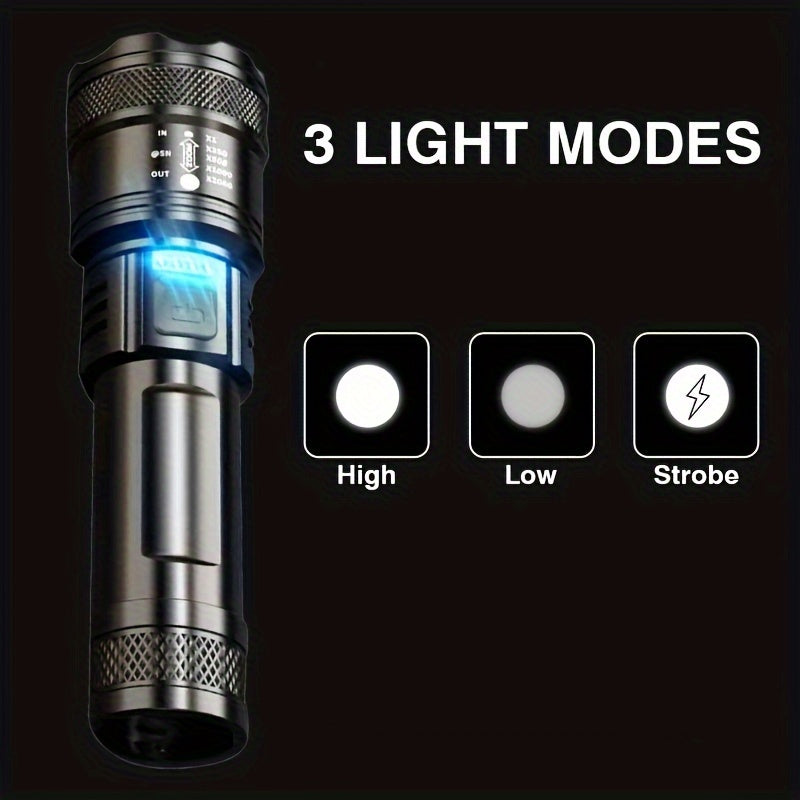 1pc Tactical LED Flashlight with Retractable Zoom, 3 Light Modes, USB Type-C Rechargeable, 1200mAh Lithium Battery, Non-Waterproof, Includes USB Cable, Portable Lighting for Outdoor Work