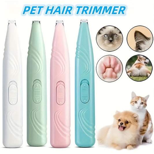 Cordless electric pet grooming scissors for trimming hair around paws, eyes, ears, face, and buttocks with low noise.