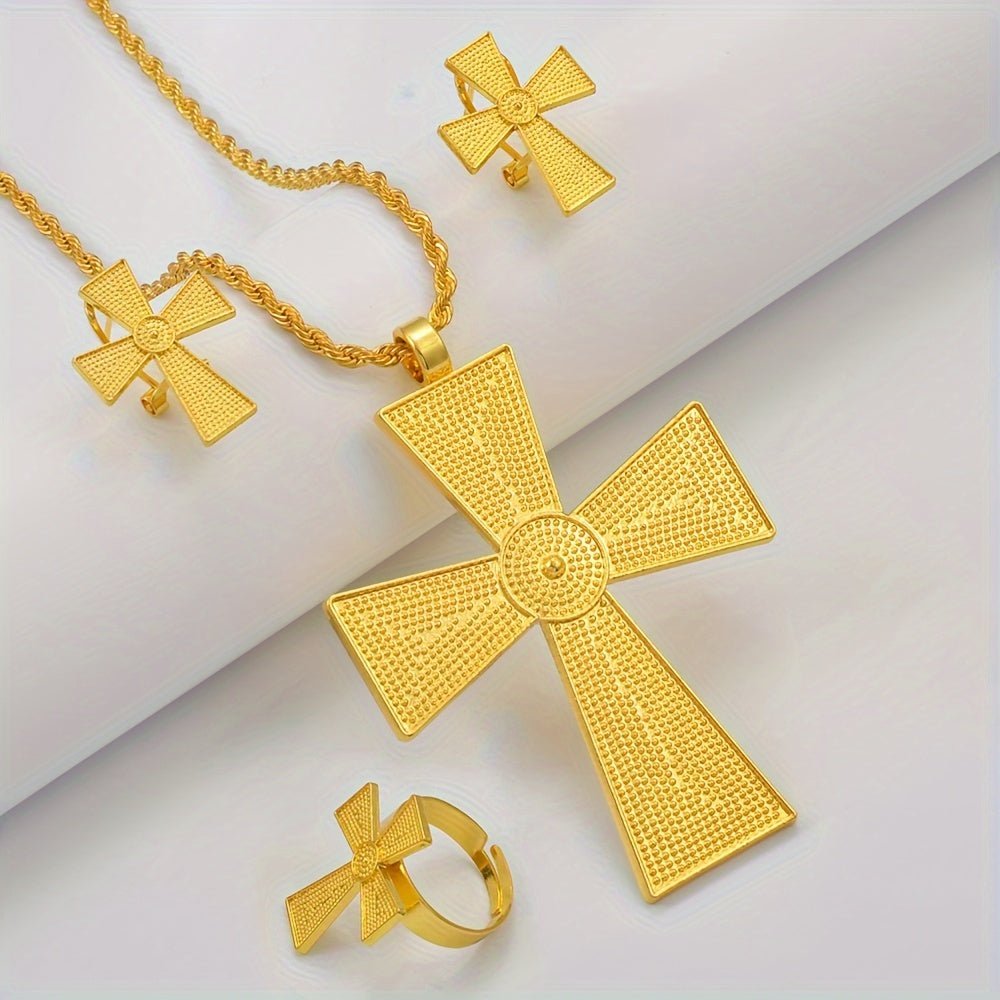 Elegant Punk Style Personality Female Gift Set featuring 1 Pair of Stud Earrings, 1 Necklace, and 1 Ring - crafted from Zinc Alloy and 18K Plated with a Cross Design.