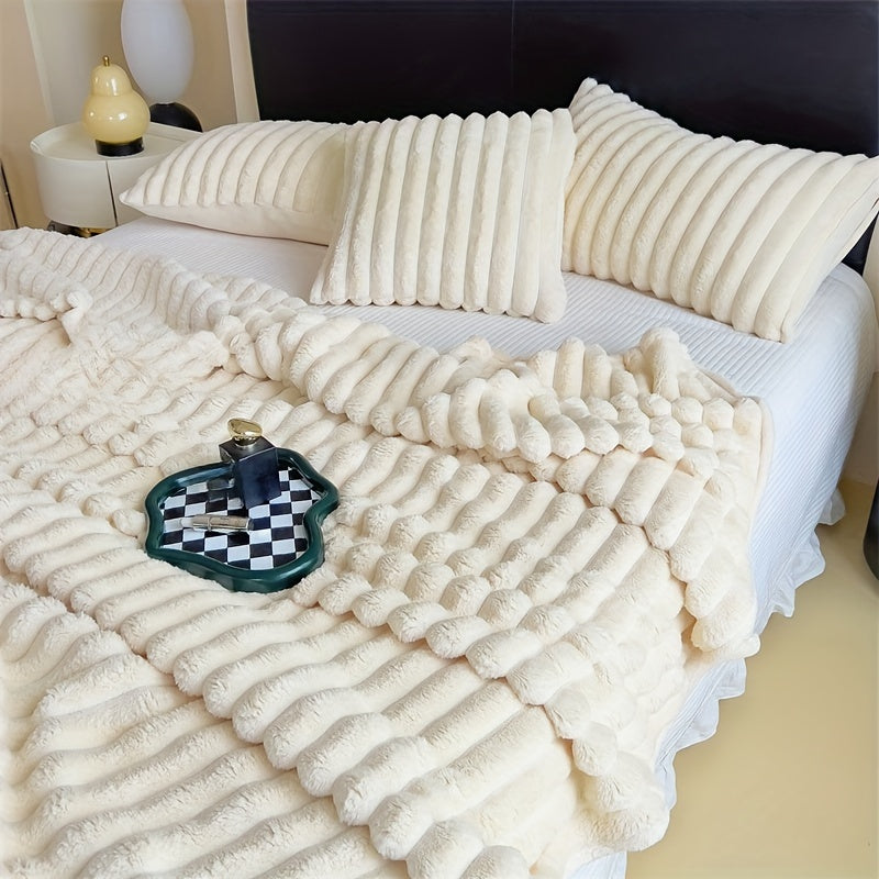 Soft and cozy double-sided faux rabbit fur blanket, perfect for bedroom, guest room, living room, dorm, office, car, and travel. This anti-static blanket is warm and suitable for all seasons, making it a versatile addition to your home.