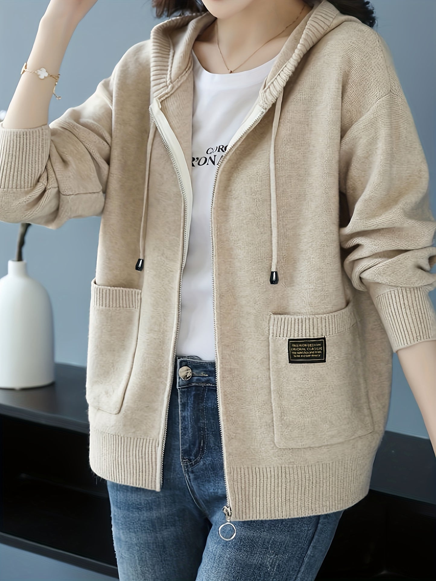 Women's Fashion Zip-Up Hooded Cardigan Sweater - Solid Color, Polyester and Acrylic Blend, Ideal for Spring/Fall/Autumn, Open Front.