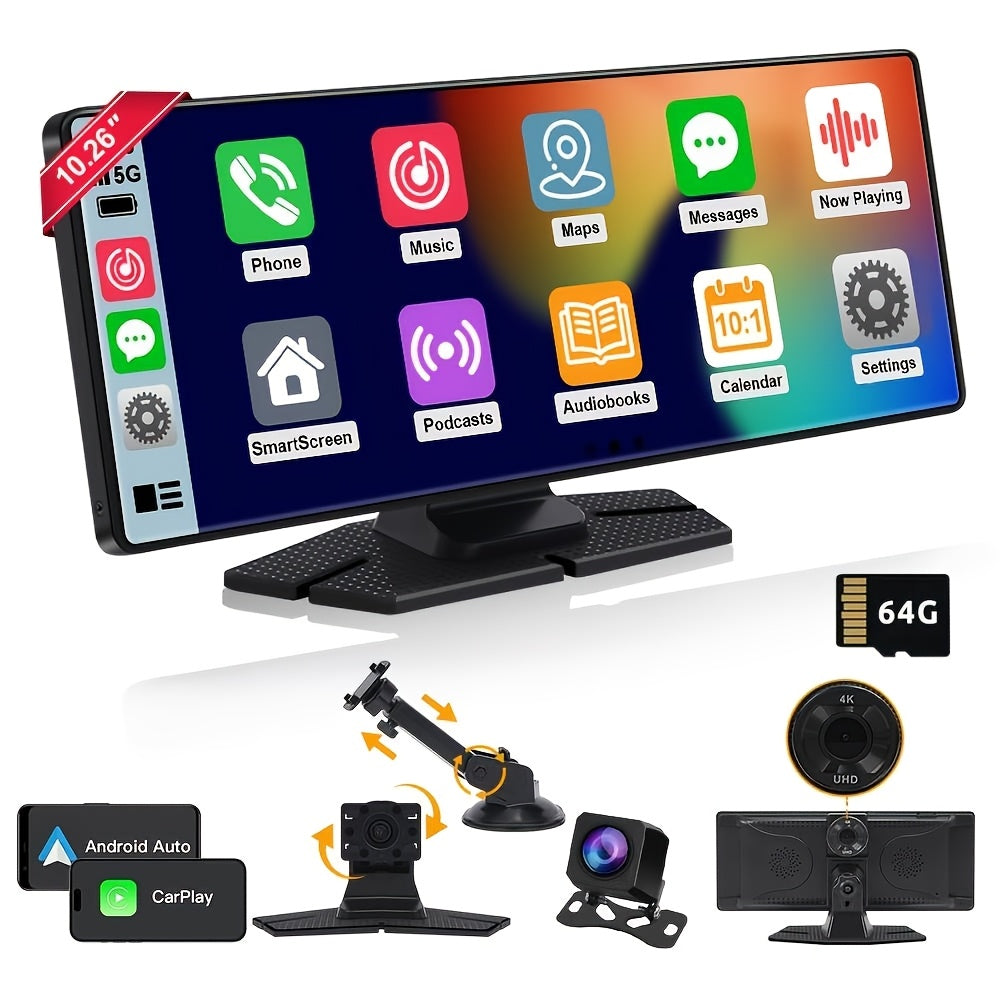 Portable 4K Ultra HD Dual-Camera DVR with Voice Control - 26.06cm screen, Wireless CarPlay & AndroidAuto, HD Reverse Camera, Loop Recording, WiFi, Call & Navigation, FM/AUX, Easy Mount