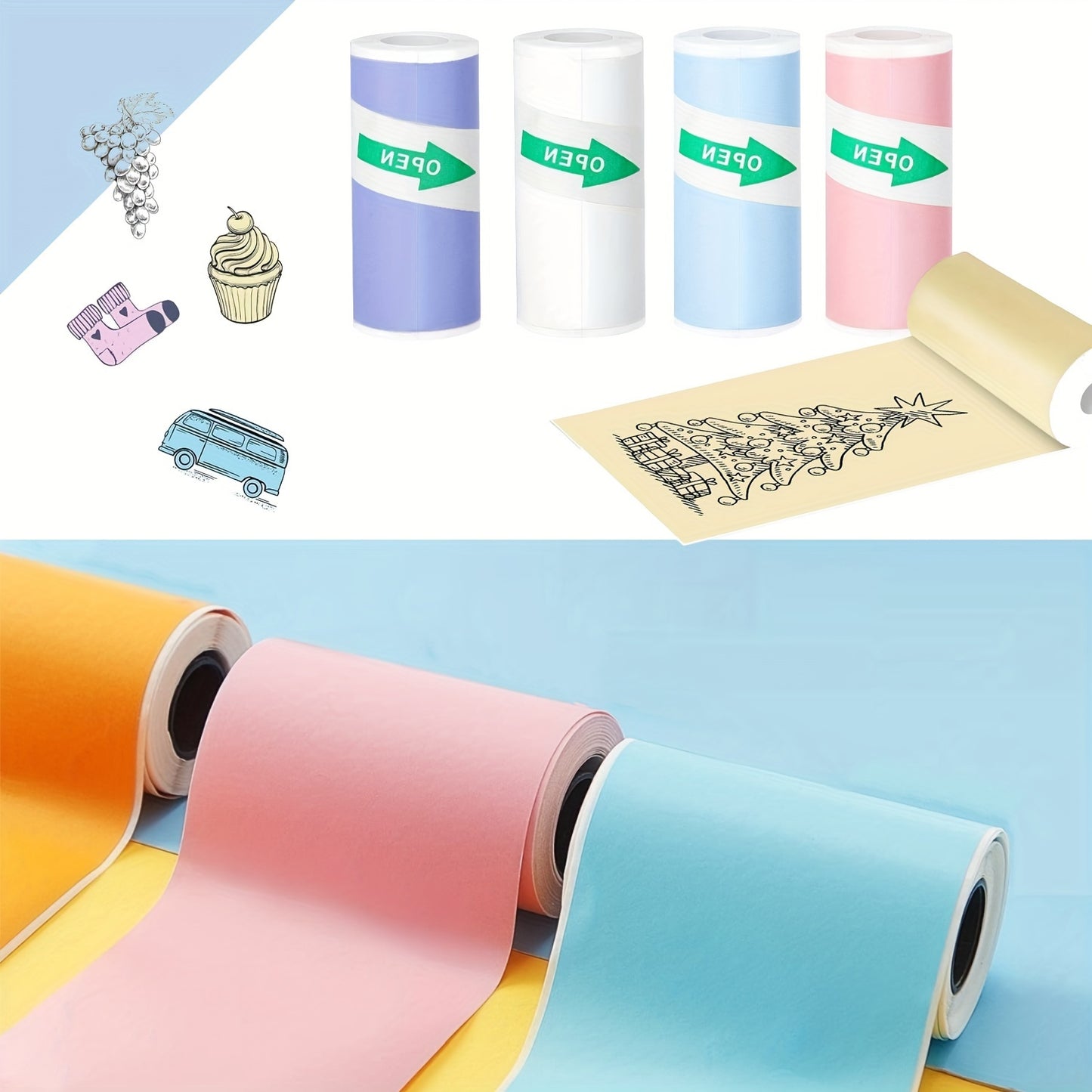 Colorful adhesive stickers in rolls, 57*25mm, suitable for mini printers/Polaroid cameras, ideal for inkless printers, study notes, work, photos, and memos. Glossy finish, compostable