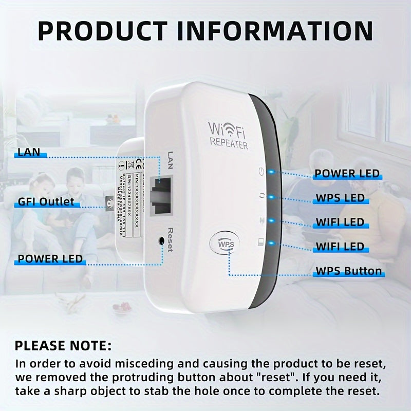 Ourlife N300 WiFi Extender extends internet range up to 2640sq.ft with Ethernet port, one-tap setup, Alexa compatibility, ideal for home and office, European plug.