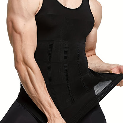 Men's Thermal Compression Tank Top for Abdomen Slimming, Sleeveless, Casual Style, Hand Washable, High-Stretch Nylon Fabric.