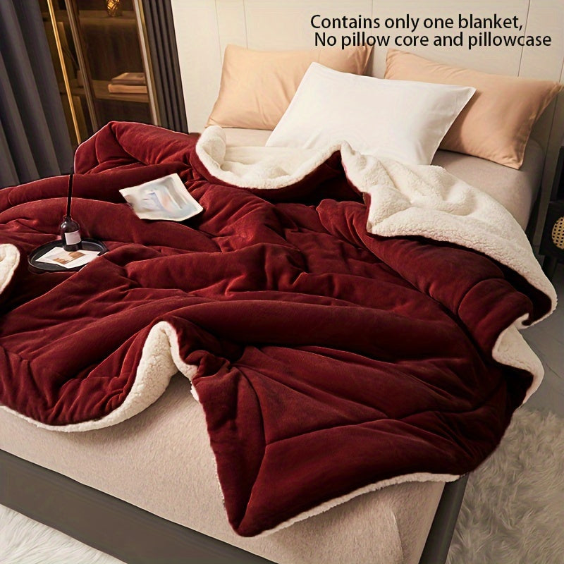 Luxurious wine red double-layer milk velvet shearling throw blanket - cozy, soft, and warm for any season. Easy to clean, perfect for couch, bed, or office nap.