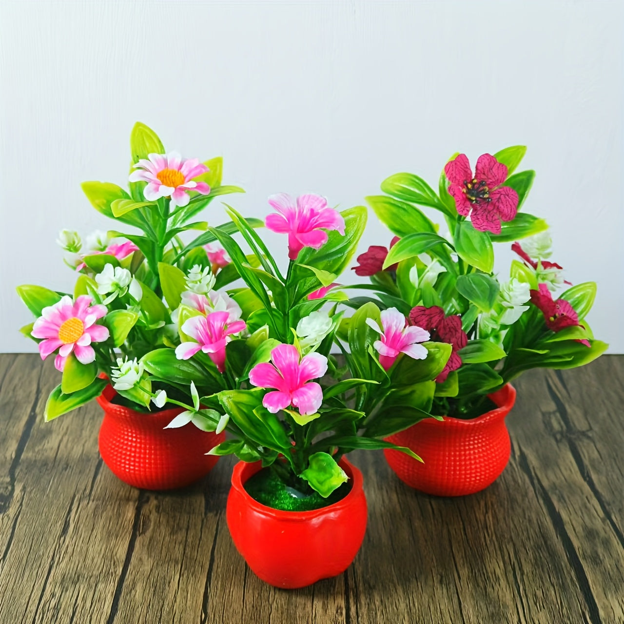 3 mini artificial potted plants with vibrant red pots - perfect for home, office, kitchen, and special occasions.