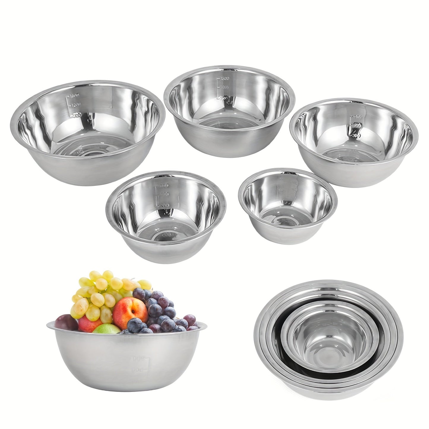 Set of 5 Stainless Steel Mixing Bowls with Measurements - Features Mirror Finish, Dishwasher Safe, and Deep Sides for Salad and Kitchen Applications