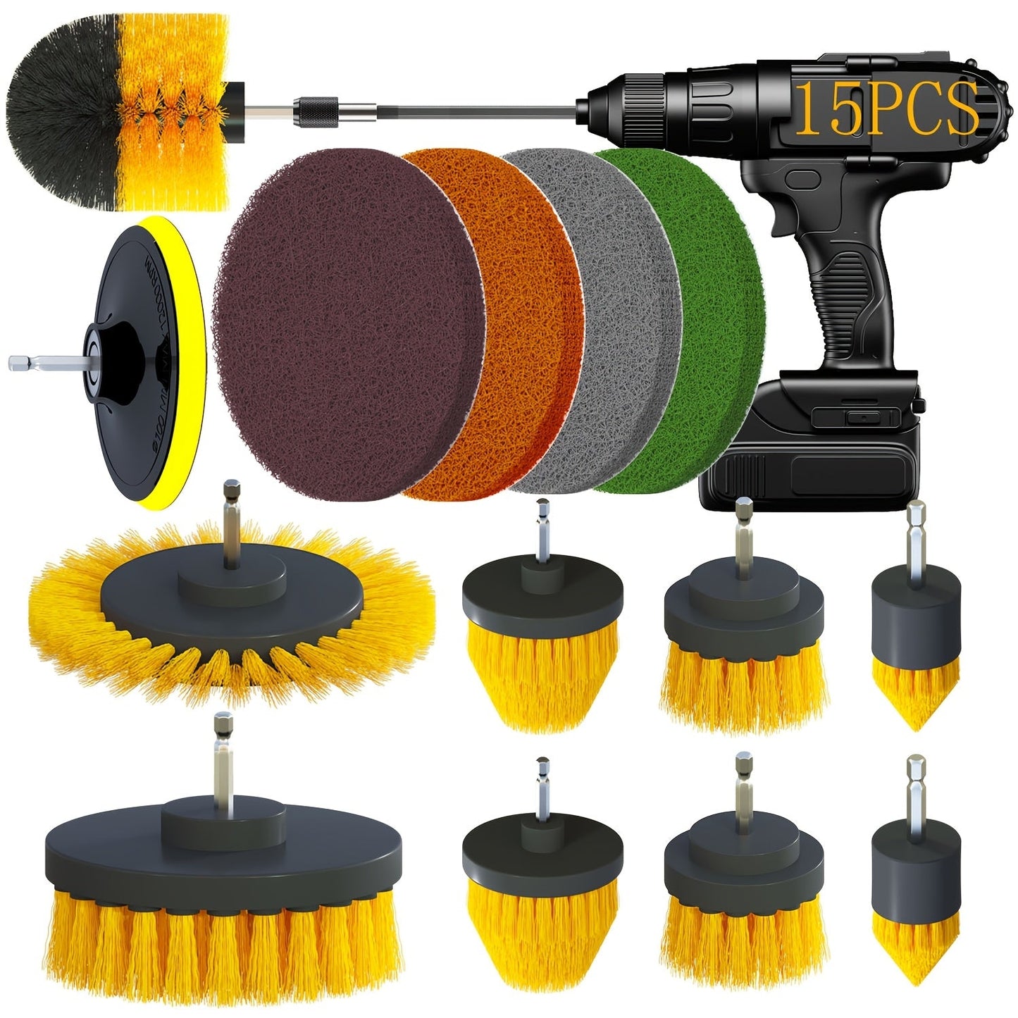 Set of 15 Drill Brush Attachments, includes Multi-Purpose Scrub Pads and Buffing Pads, Power Scrubber with Extension. Perfect for Car Polishing, Cleaning Supplies, and ideal for use in Living Room, Bedroom, Bathroom, Toilet, Kitchen, and Patio. No