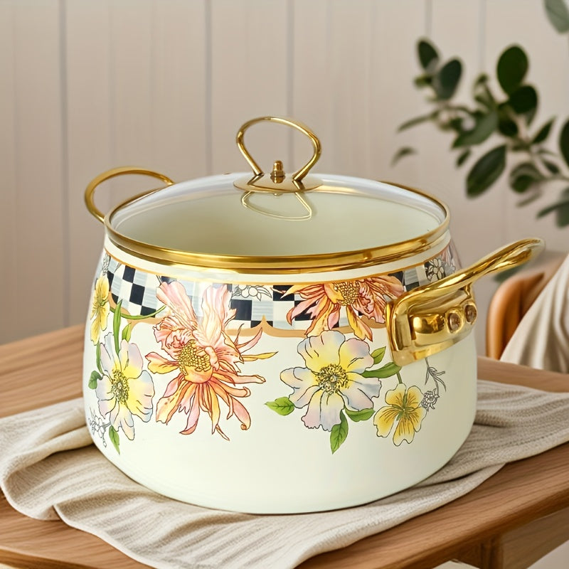 French Daisy Stockpot with Lid, featuring Enamel Coating and Induction Compatibility, adorned with a Beautiful Floral Design - No Electricity Required, making it Ideal for Cozy Fall Evenings.