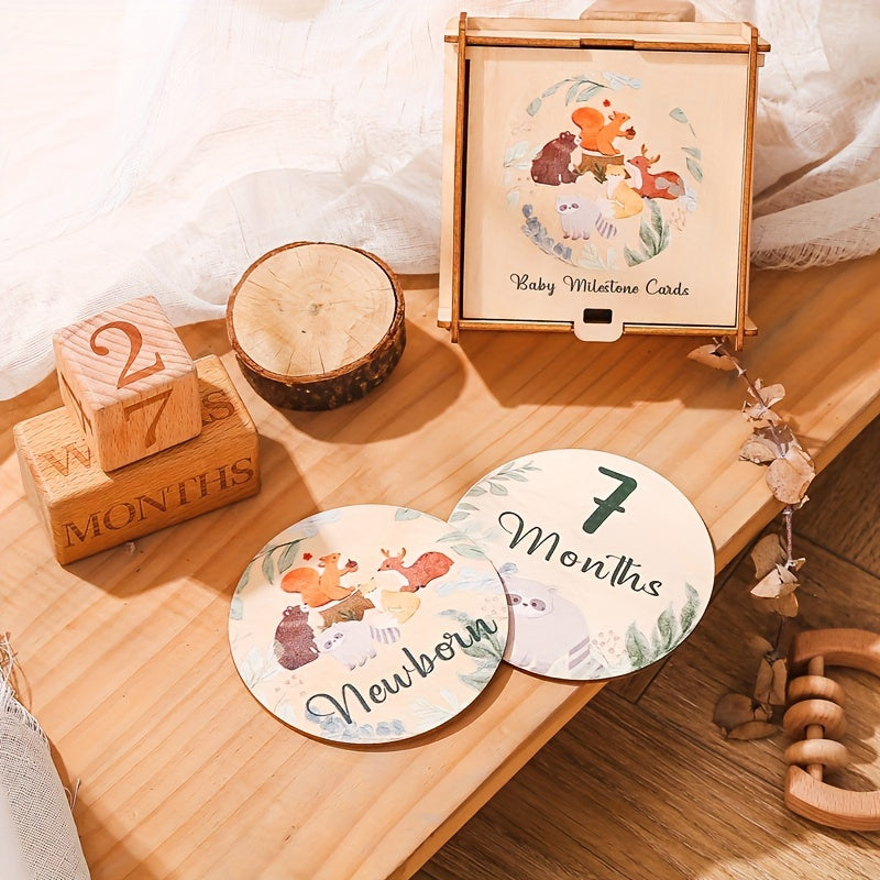 Wooden Milestone Coasters featuring Forest Animals - Perfect for Capturing Growth Month Photos and Creating Lasting Memories in Baby's First Year