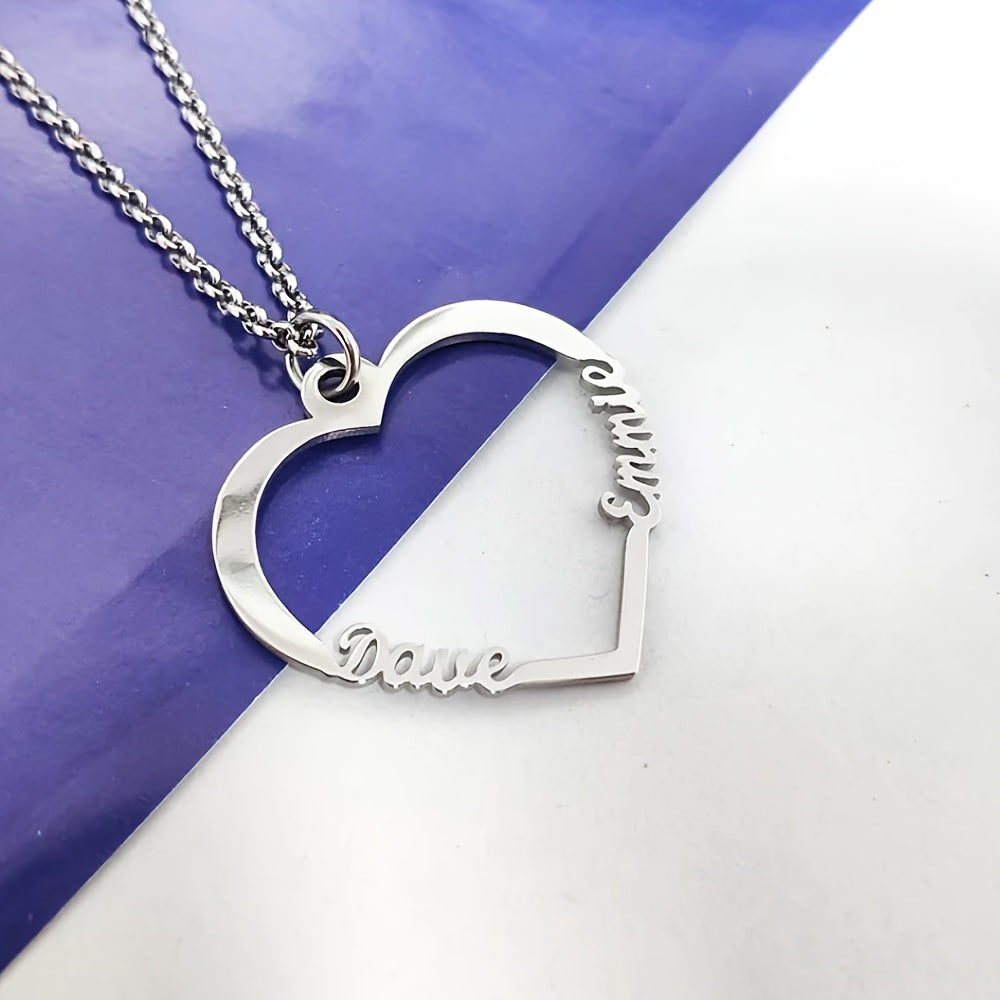 Personalized Heart Necklace with Two Custom Names, Stainless Steel Double Name Necklace, Personalized Name Necklace with Heart Pendant, Customized Necklace with Two Names