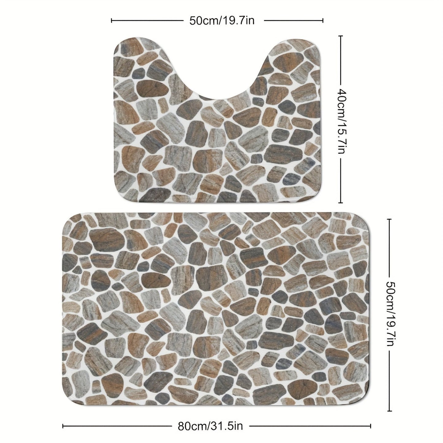 Two pieces of bathroom rugs made with high resilience foam, featuring a natural stream gravel design. These rugs are non-slip, absorbent with microfiber, and are machine washable. They are made of a polyester blend, are 1.2cm thick, and are woven bath