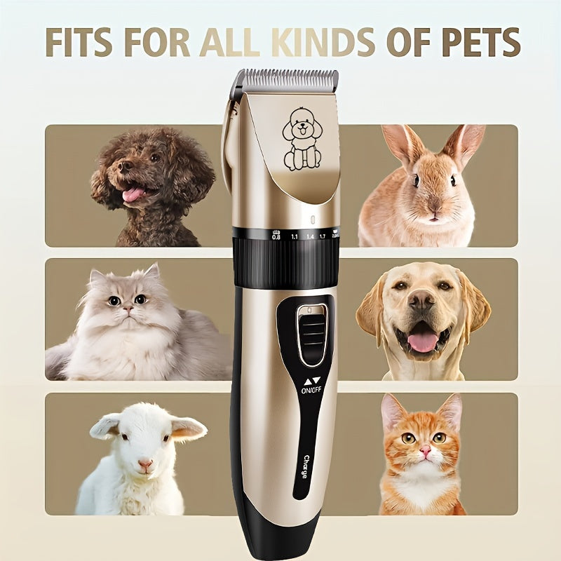 USB rechargeable electric clippers with ceramic blades for grooming cats and dogs.