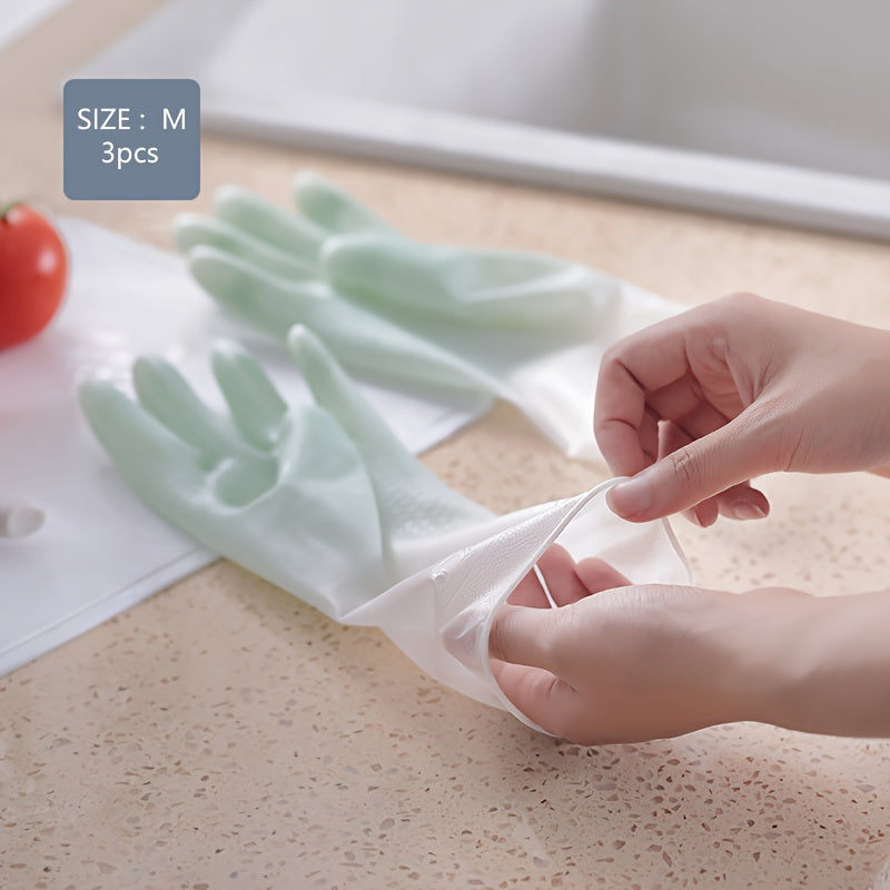 Three pairs of high-quality household cleaning gloves for premium protection. These waterproof kitchen gloves are perfect for dishwashing and other housework tasks. Their non-slip design makes them ideal for a variety of cleaning tasks, including laundry