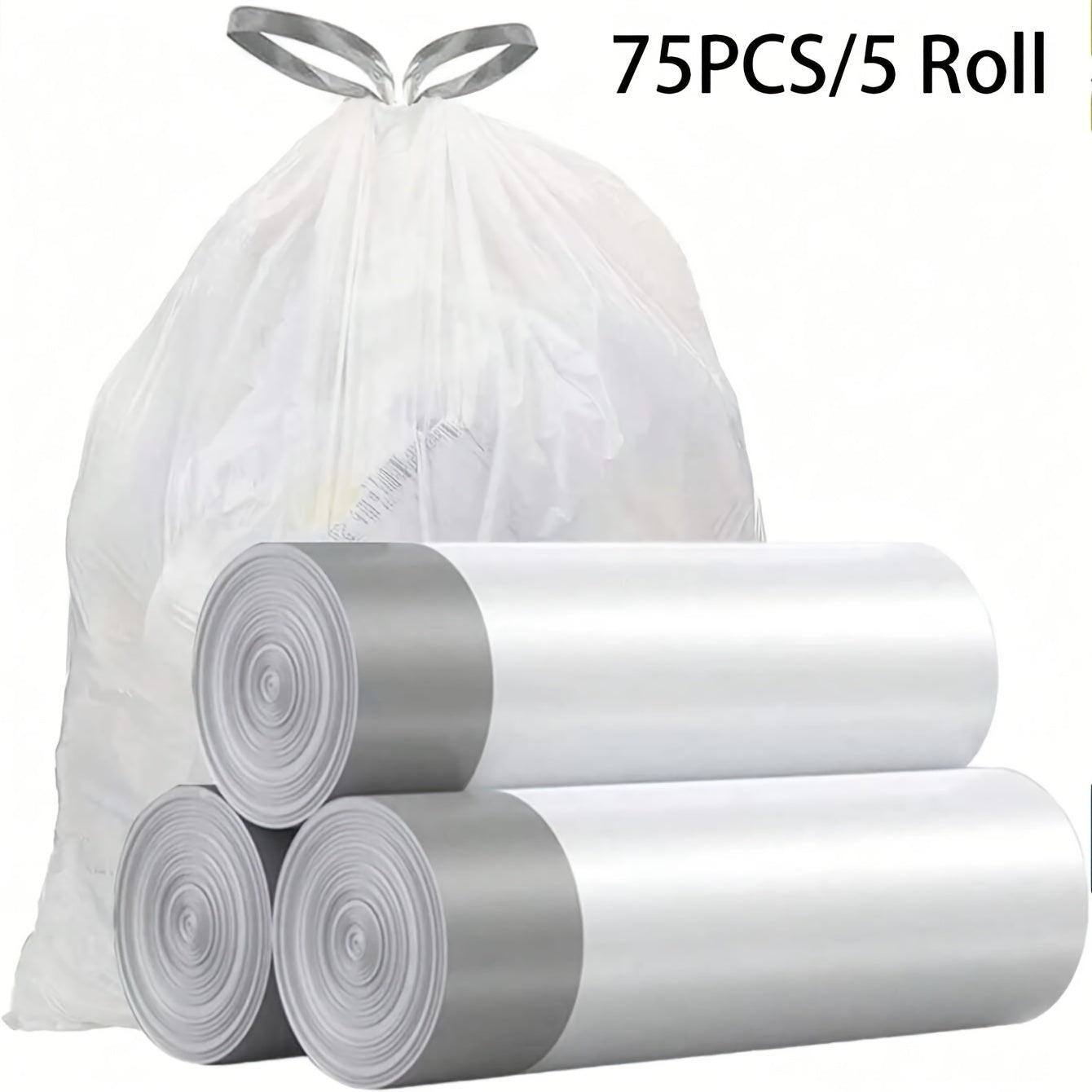 75 thickened large portable garbage bags with drawstring, suitable for home, office, bedroom, and bathroom trash cans. Perfect for kitchen and bathroom use, and ideal for restaurant