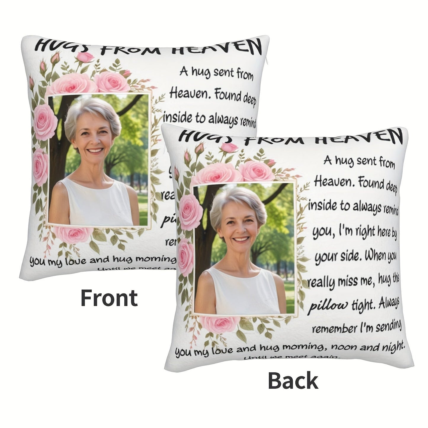 Give a Hug from Heaven with Our Customized Personalized Pillow - Featuring Pink Roses, Your Favorite Photo, and Personalized Cover - A Touching Gift to Remember