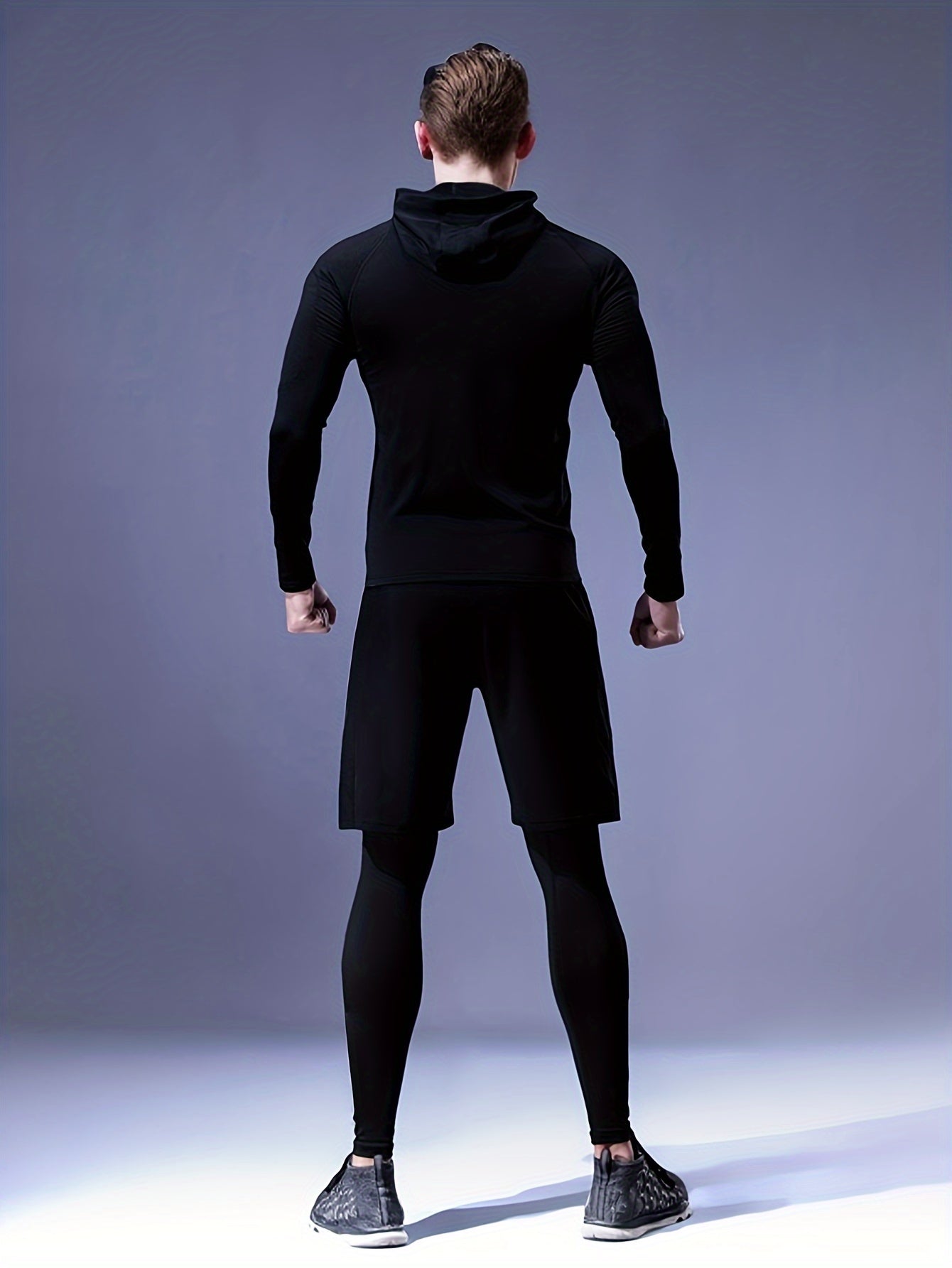 Men's Athletic Set: Includes hooded jacket, long sleeve shirt, shorts, and leggings for running, training, hiking, and outdoor activities. Made of polyester and spandex blend.