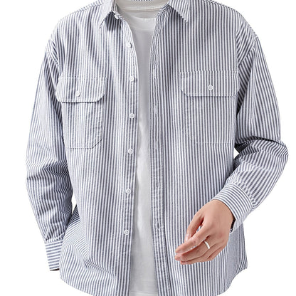 ROMON Men'S Elegant Striped Long Sleeve Casual Shirt - Breathable Comfortable Woven Fabric, Regular Fit H-Silhouette, Button-Up Dress Shirt for All Seasons